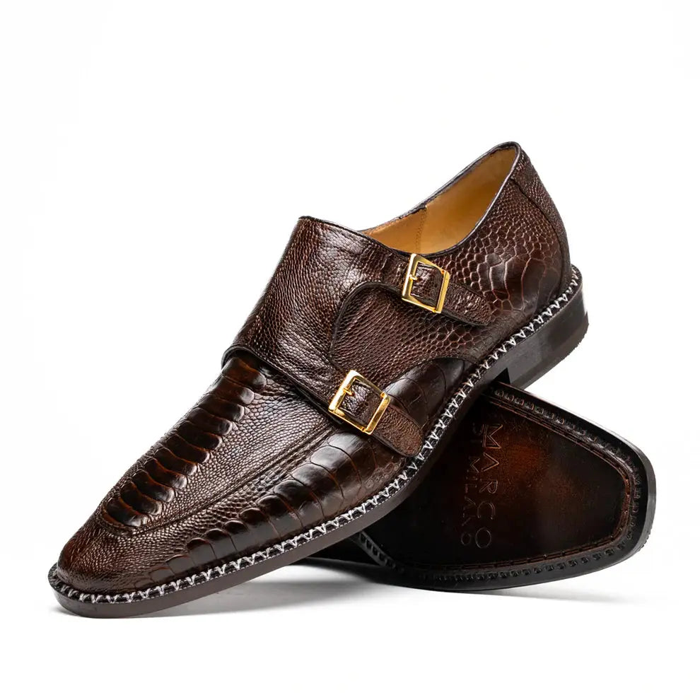 Marco Di Milano Napoli Brown Genuine Ostrich Leg Monk Strap Shoes