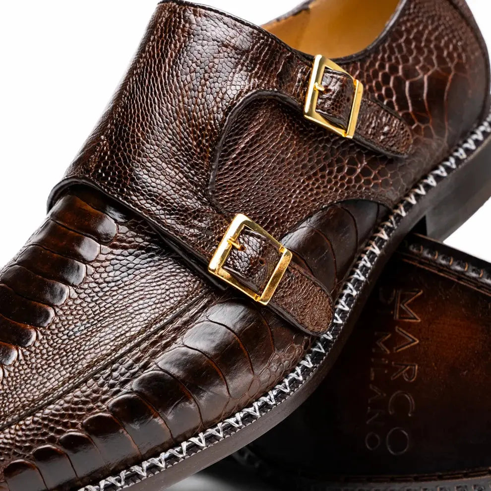 Marco Di Milano Napoli Brown Genuine Ostrich Leg Monk Strap Shoes