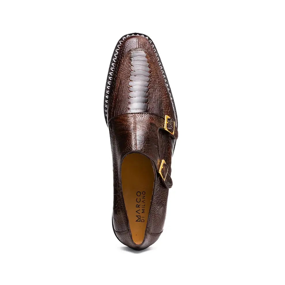 Marco Di Milano Napoli Brown Genuine Ostrich Leg Monk Strap Shoes