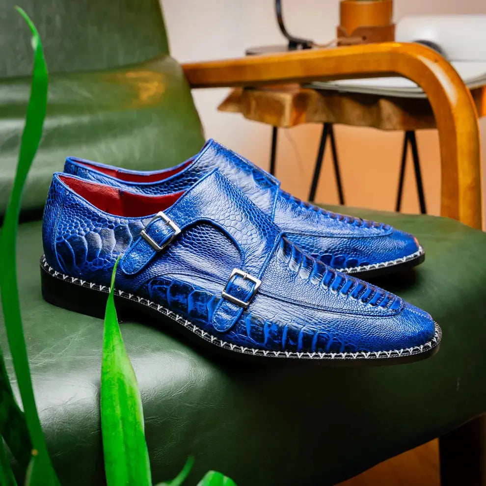 Marco Di Milano Napoli Electric Blue Genuine Ostrich Leg Monk Strap Shoes