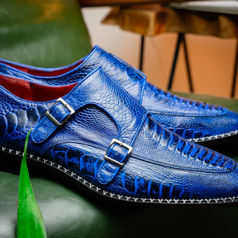 Marco Di Milano Napoli Electric Blue Genuine Ostrich Leg Monk Strap Shoes