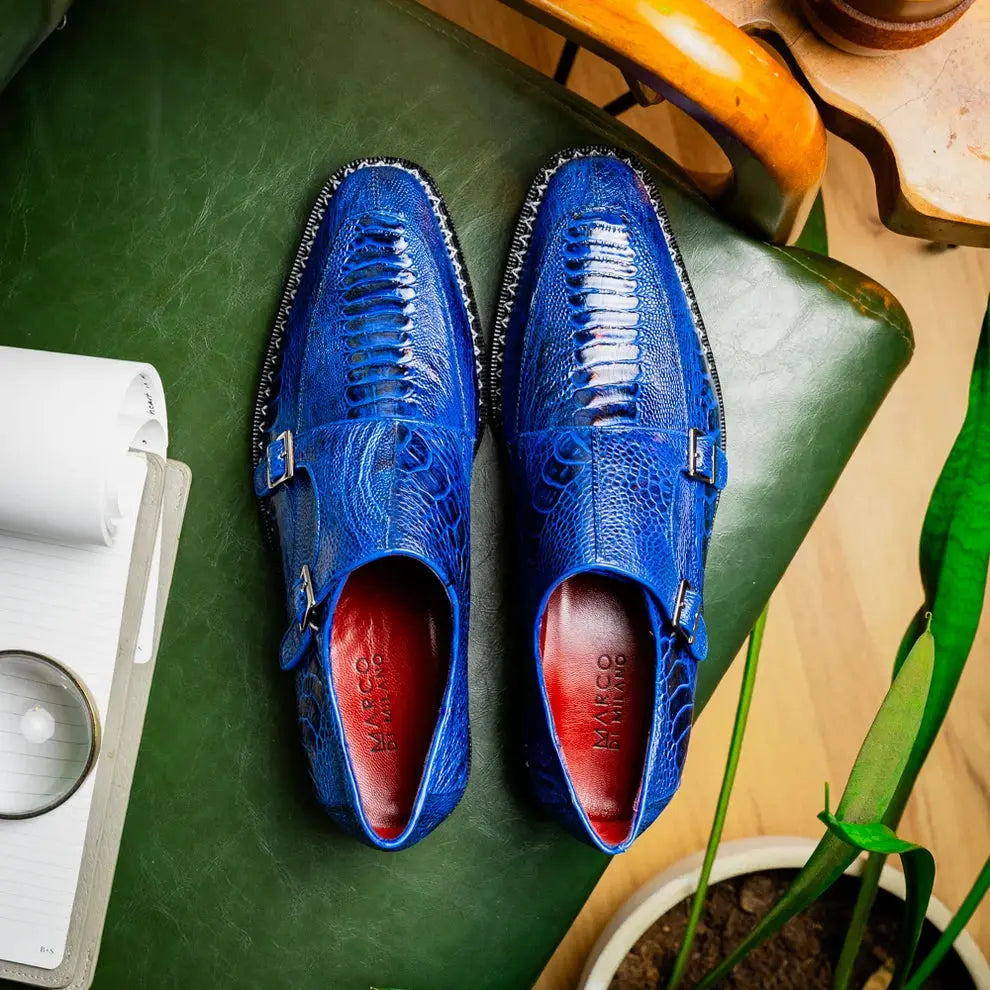 Marco Di Milano Napoli Electric Blue Genuine Ostrich Leg Monk Strap Shoes