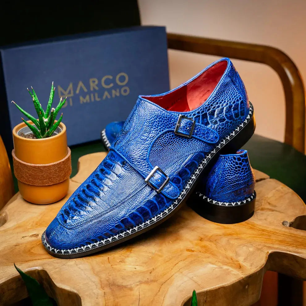 Marco Di Milano Napoli Electric Blue Genuine Ostrich Leg Monk Strap Shoes