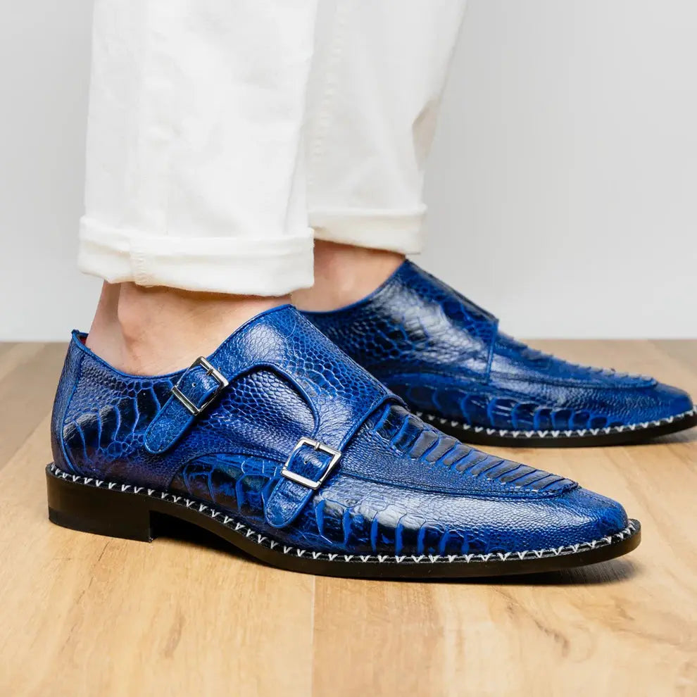 Marco Di Milano Napoli Electric Blue Genuine Ostrich Leg Monk Strap Shoes