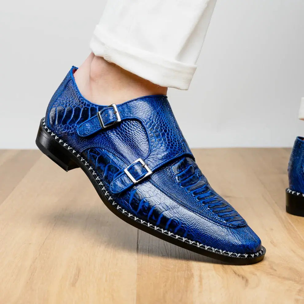 Marco Di Milano Napoli Electric Blue Genuine Ostrich Leg Monk Strap Shoes