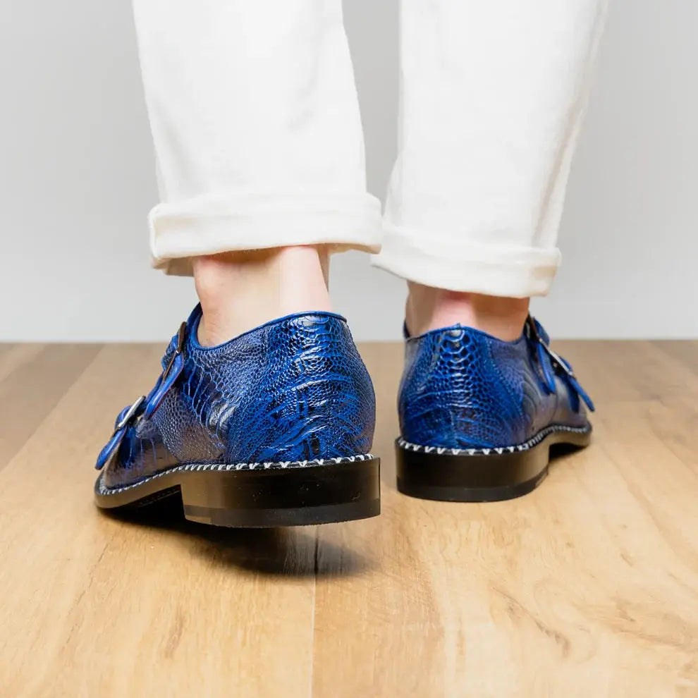 Marco Di Milano Napoli Electric Blue Genuine Ostrich Leg Monk Strap Shoes