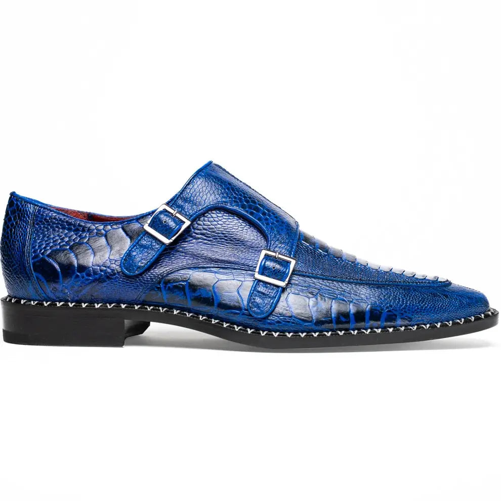 Marco Di Milano Napoli Electric Blue Genuine Ostrich Leg Monk Strap Shoes