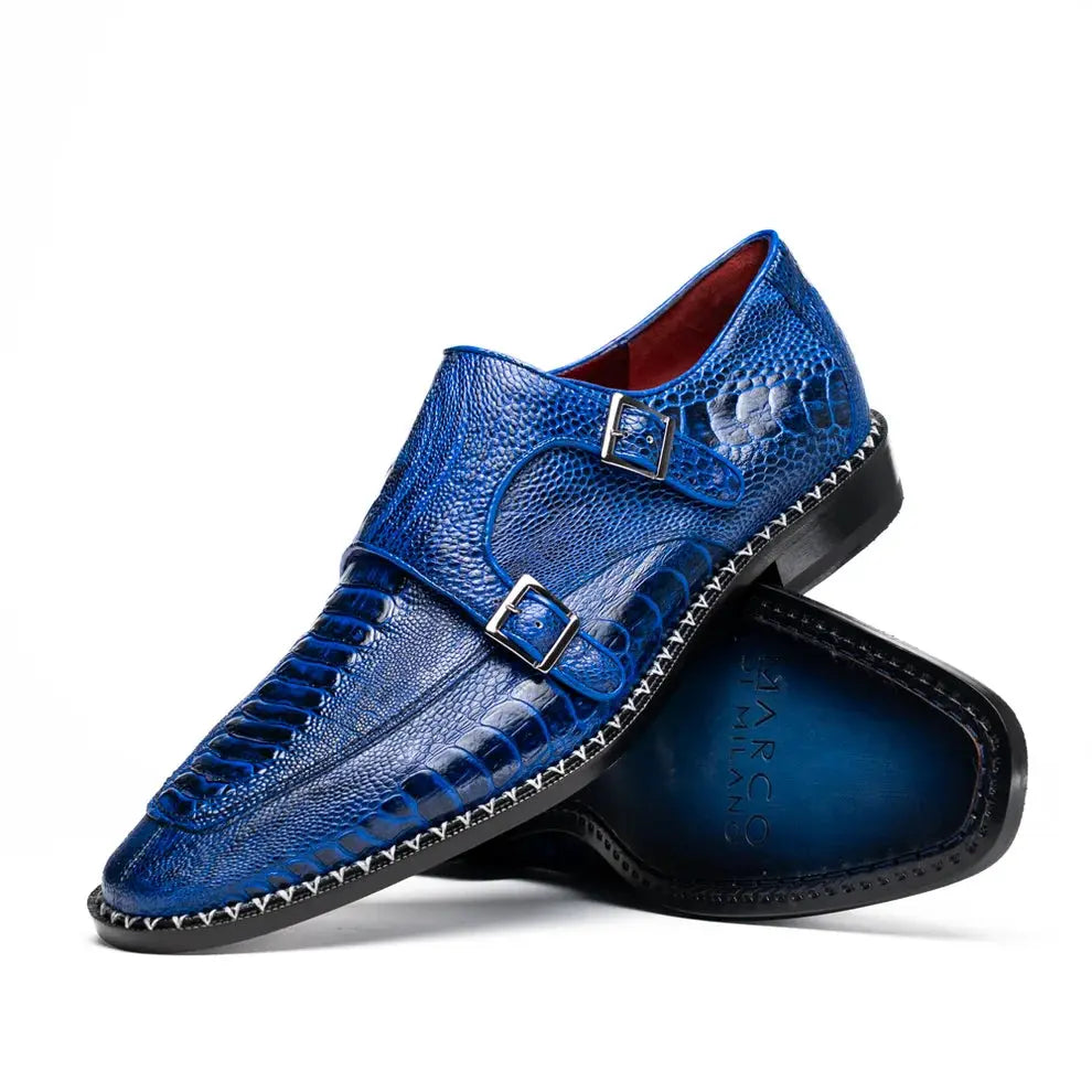 Marco Di Milano Napoli Electric Blue Genuine Ostrich Leg Monk Strap Shoes