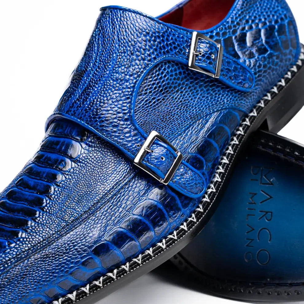 Marco Di Milano Napoli Electric Blue Genuine Ostrich Leg Monk Strap Shoes