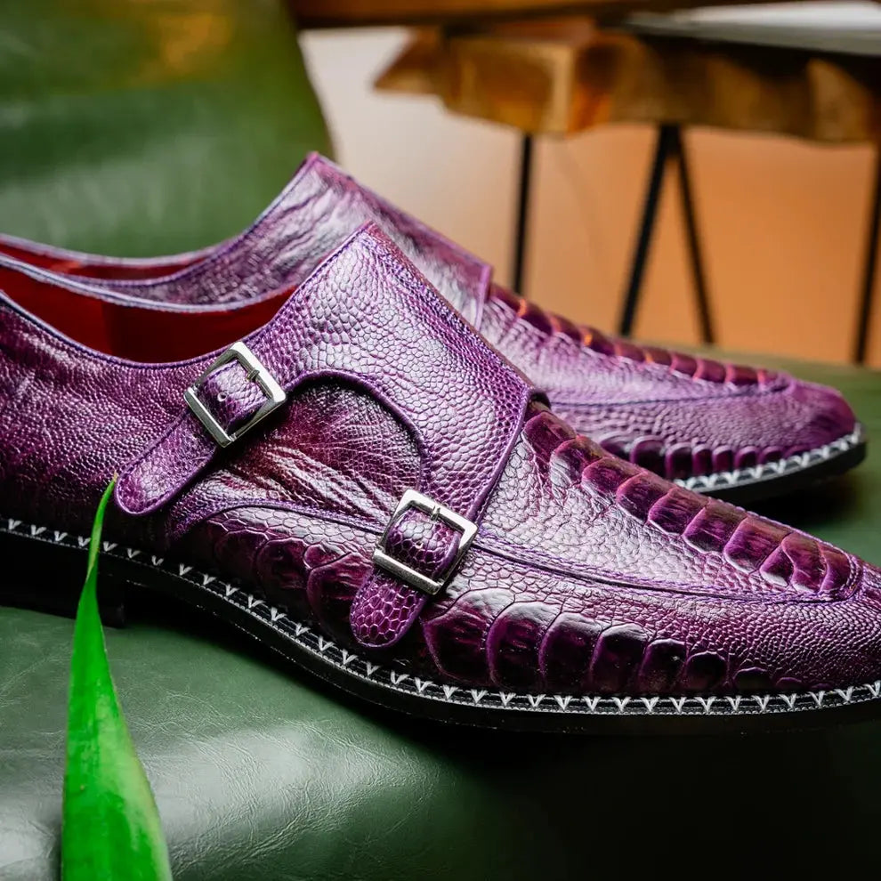 Marco Di Milano Napoli Purple Genuine Ostrich Leg Monk Strap Shoes