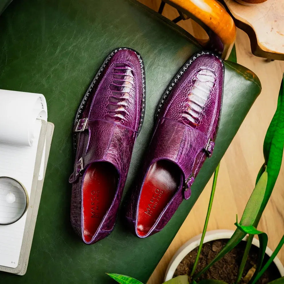 Marco Di Milano Napoli Purple Genuine Ostrich Leg Monk Strap Shoes