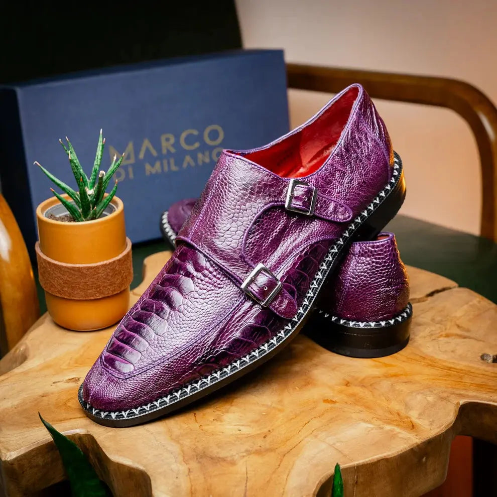Marco Di Milano Napoli Purple Genuine Ostrich Leg Monk Strap Shoes