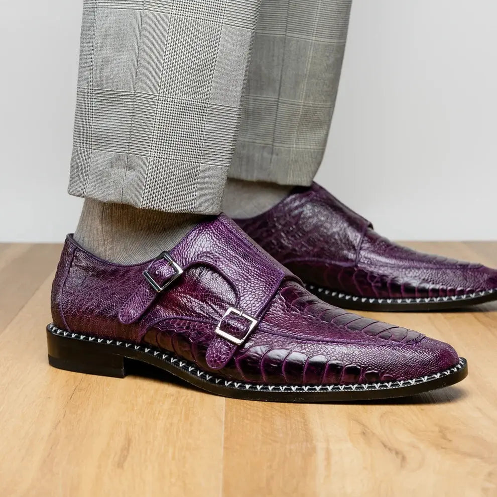 Marco Di Milano Napoli Purple Genuine Ostrich Leg Monk Strap Shoes