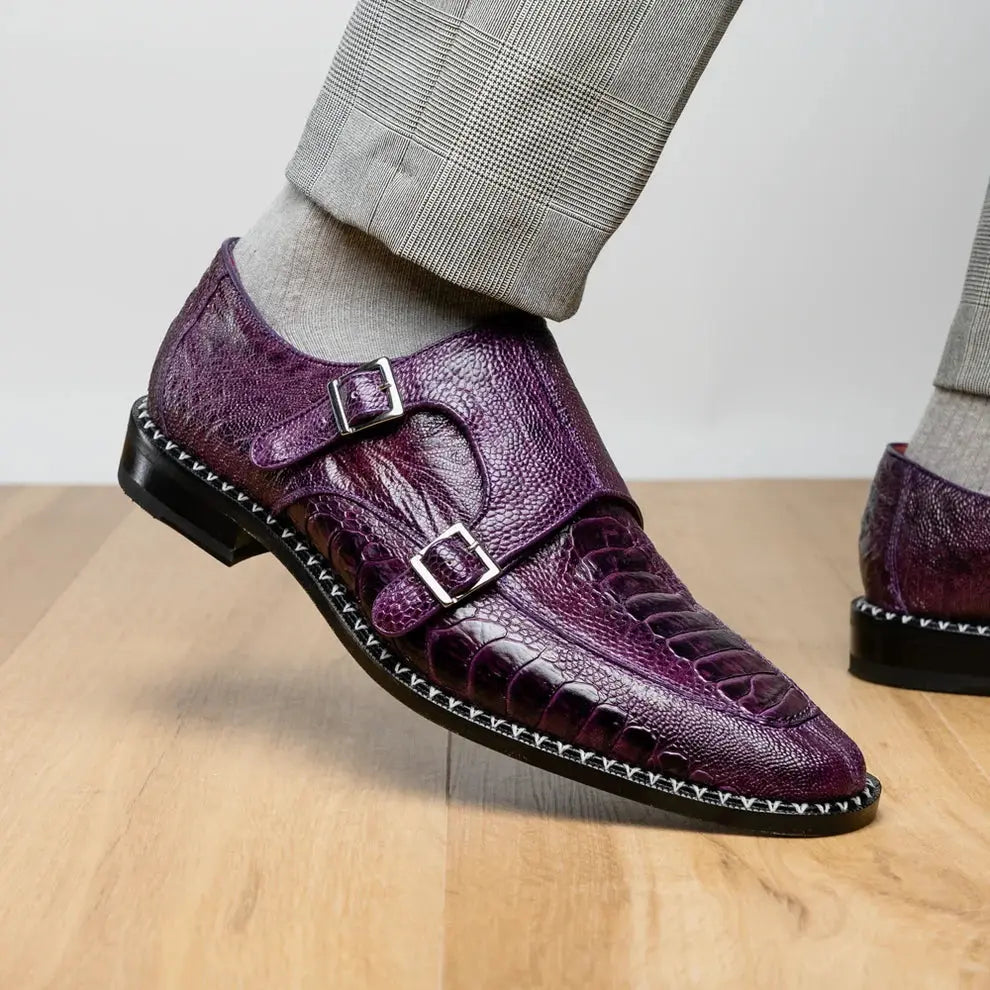 Marco Di Milano Napoli Purple Genuine Ostrich Leg Monk Strap Shoes