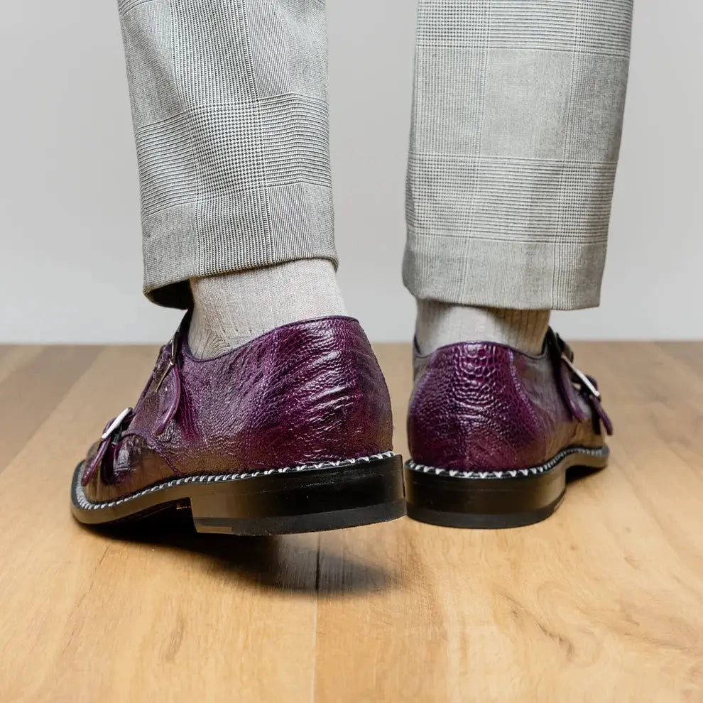 Marco Di Milano Napoli Purple Genuine Ostrich Leg Monk Strap Shoes