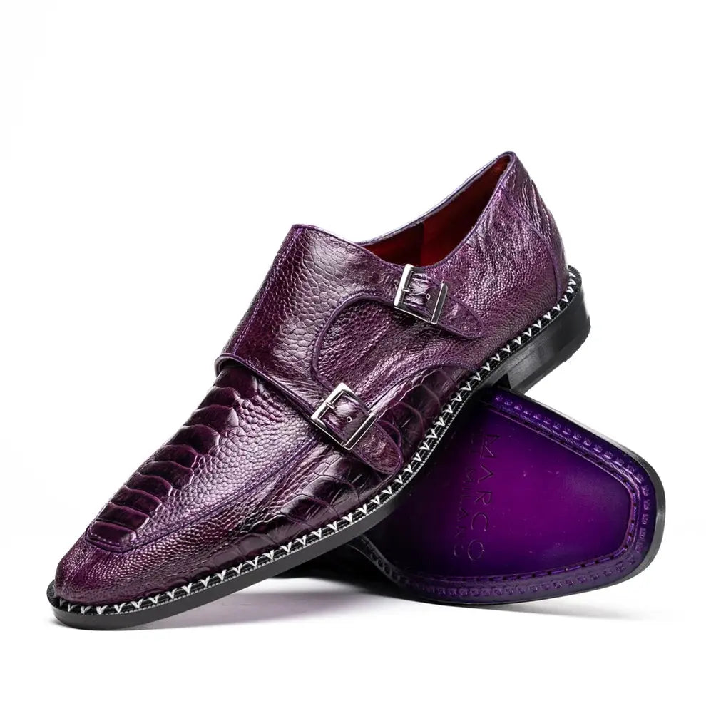 Marco Di Milano Napoli Purple Genuine Ostrich Leg Monk Strap Shoes