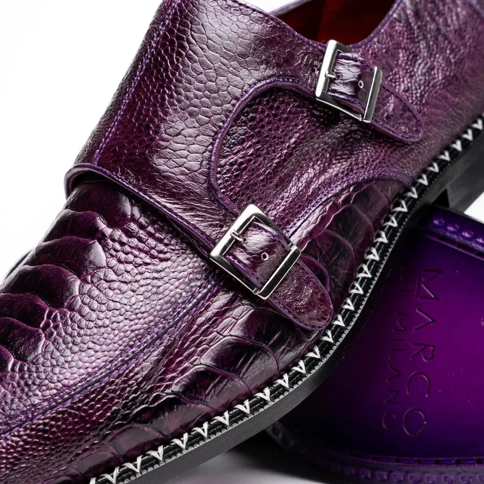 Marco Di Milano Napoli Purple Genuine Ostrich Leg Monk Strap Shoes