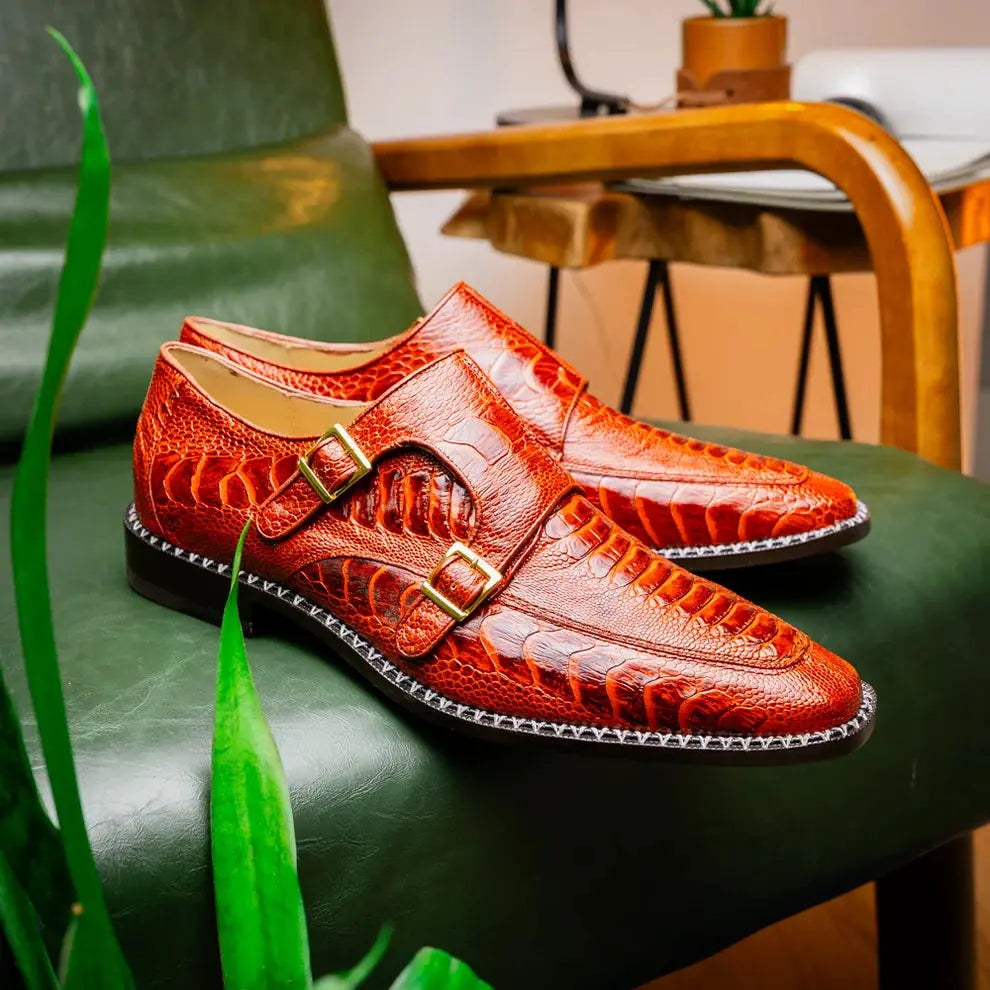 Marco Di Milano Napoli Rustic Cognac Genuine Ostrich Leg Monk Strap Shoes