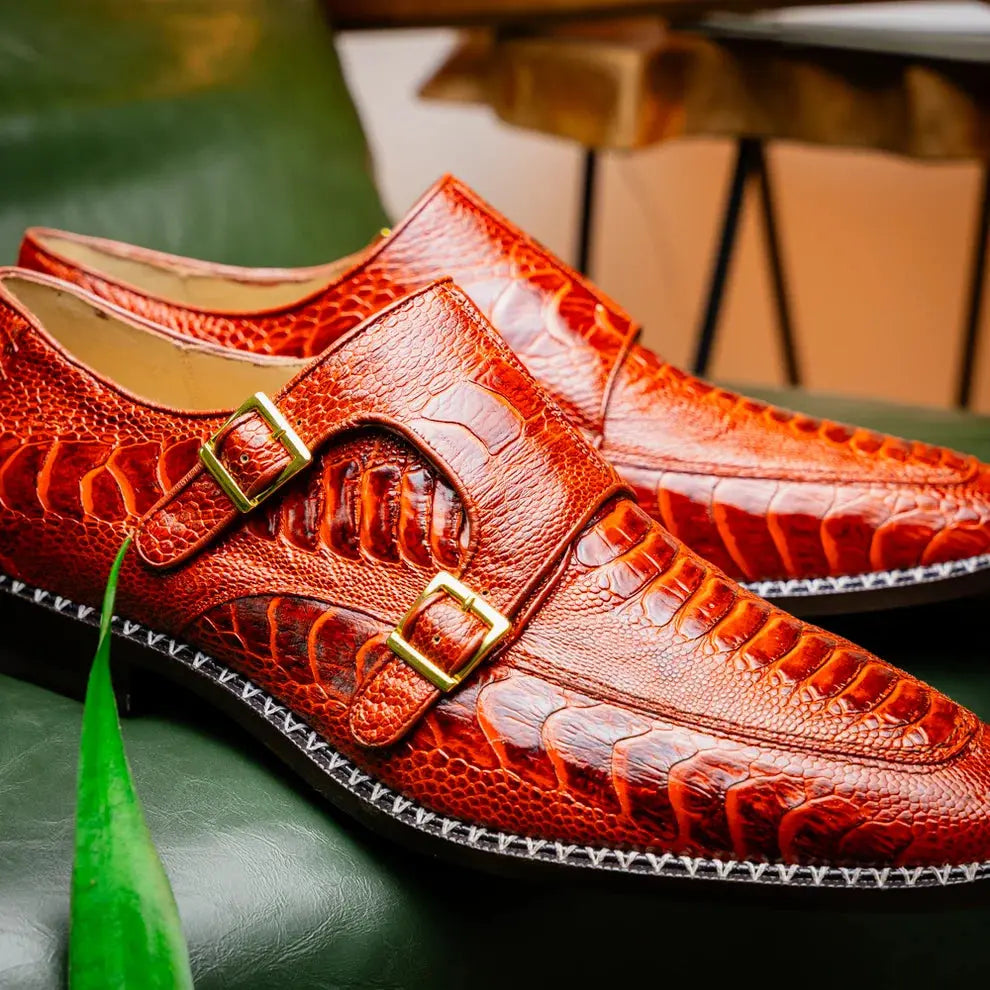 Marco Di Milano Napoli Rustic Cognac Genuine Ostrich Leg Monk Strap Shoes