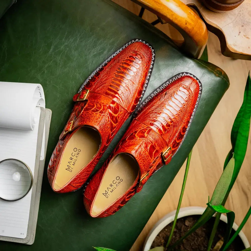 Marco Di Milano Napoli Rustic Cognac Genuine Ostrich Leg Monk Strap Shoes