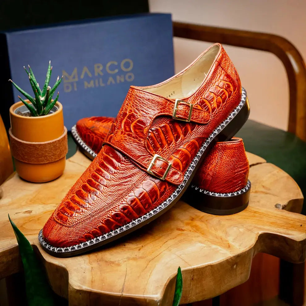 Marco Di Milano Napoli Rustic Cognac Genuine Ostrich Leg Monk Strap Shoes