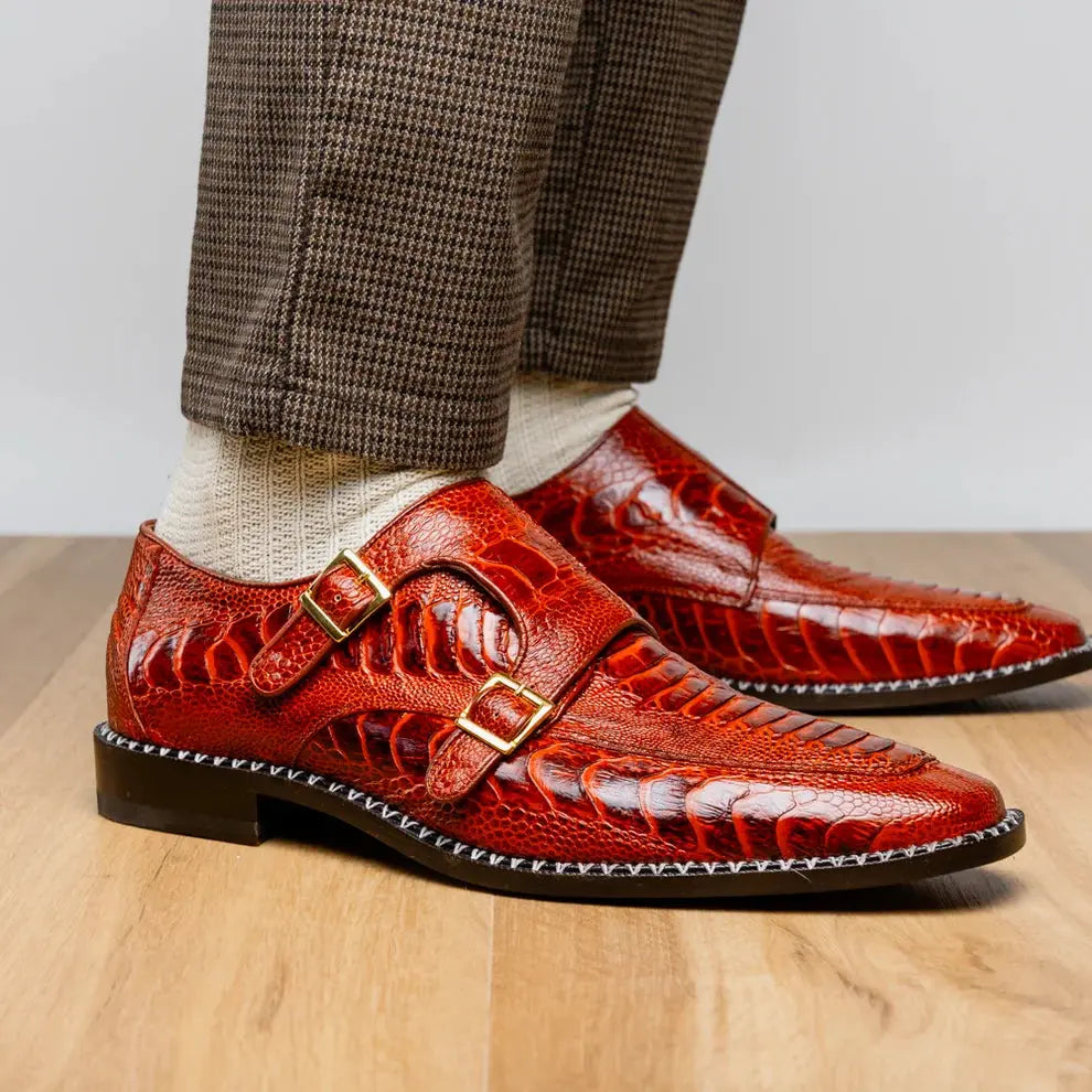 Marco Di Milano Napoli Rustic Cognac Genuine Ostrich Leg Monk Strap Shoes