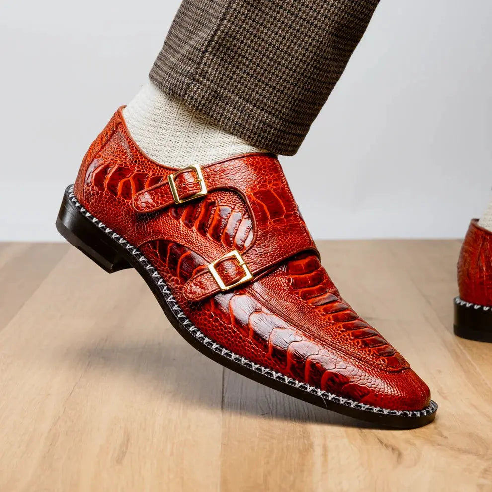 Marco Di Milano Napoli Rustic Cognac Genuine Ostrich Leg Monk Strap Shoes