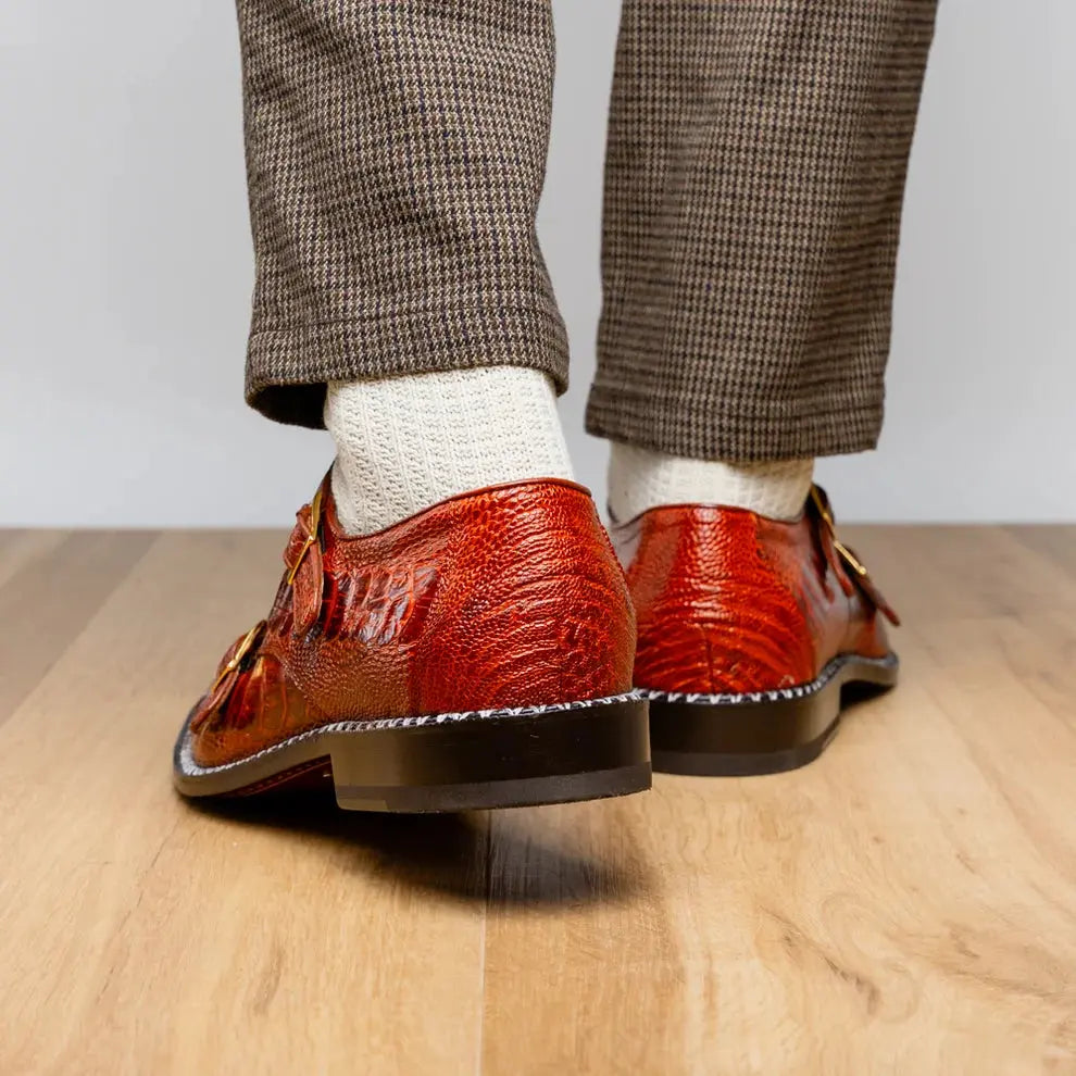 Marco Di Milano Napoli Rustic Cognac Genuine Ostrich Leg Monk Strap Shoes