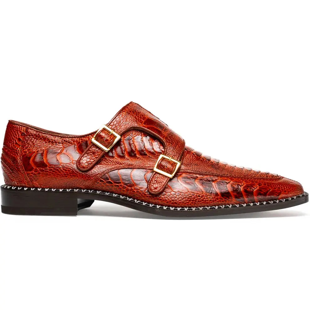Marco Di Milano Napoli Rustic Cognac Genuine Ostrich Leg Monk Strap Shoes