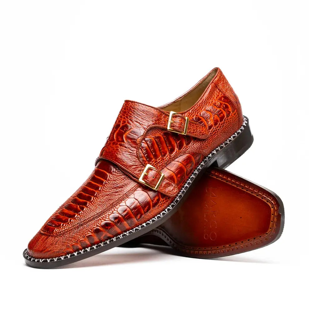 Marco Di Milano Napoli Rustic Cognac Genuine Ostrich Leg Monk Strap Shoes
