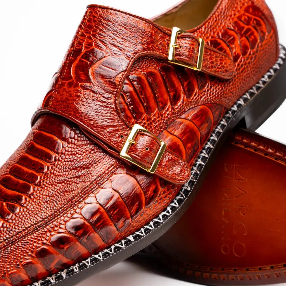 Marco Di Milano Napoli Rustic Cognac Genuine Ostrich Leg Monk Strap Shoes