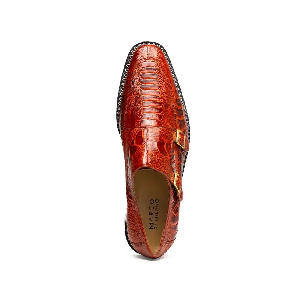 Marco Di Milano Napoli Rustic Cognac Genuine Ostrich Leg Monk Strap Shoes