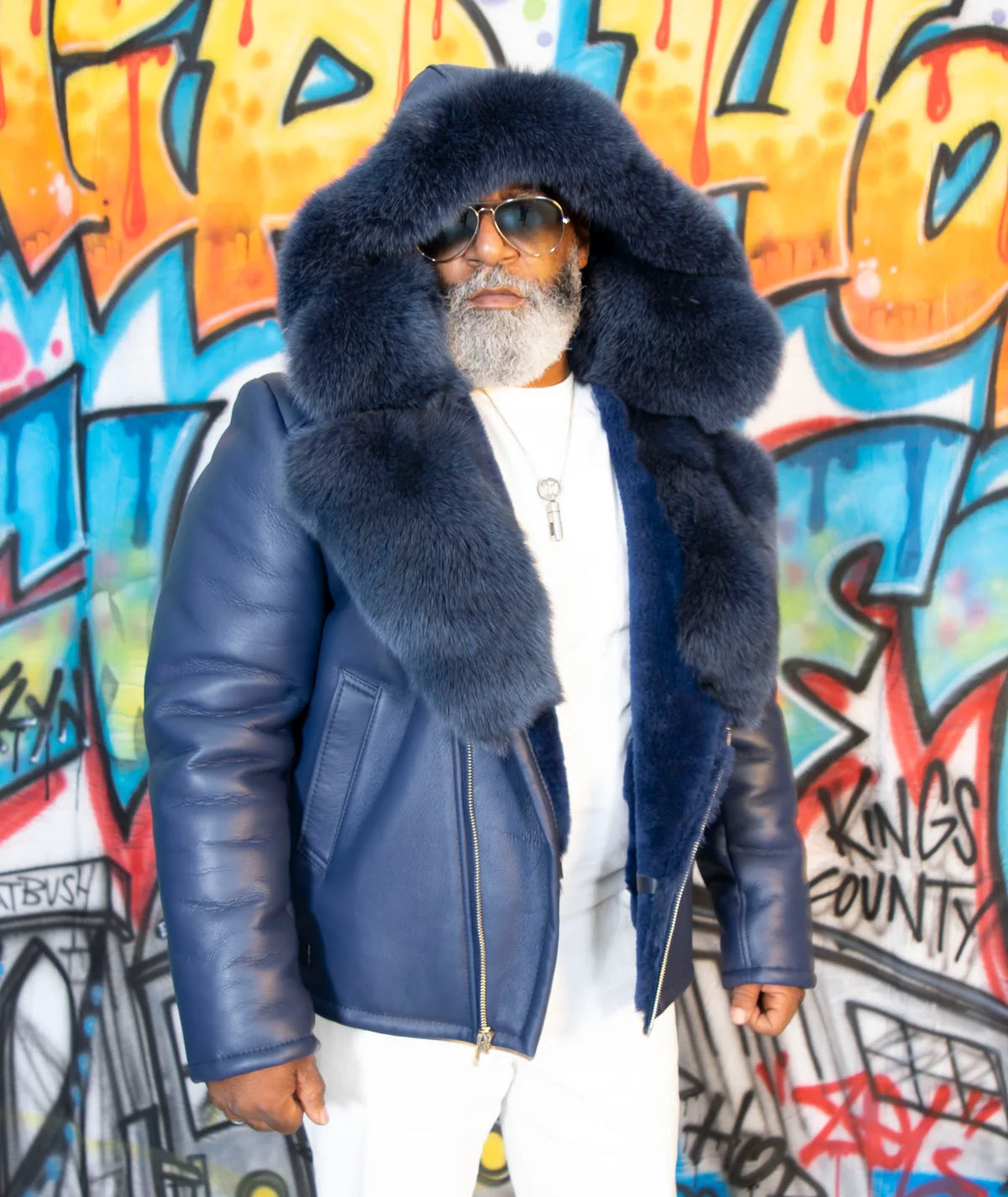 Jakewood 1320 Navy Genuine Sheepskin/Fox Fur Motorcycle Jacket
