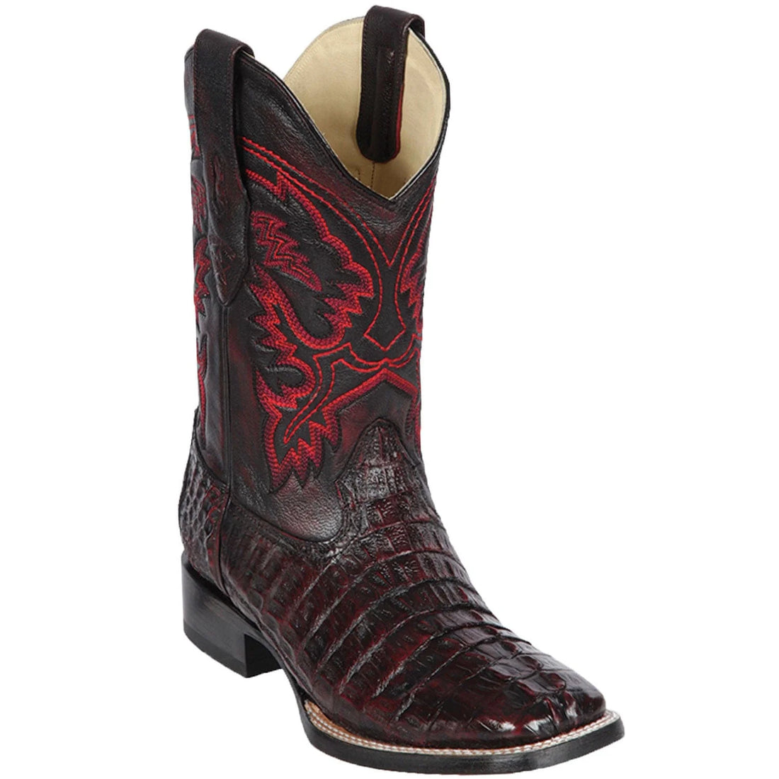 Los Altos 8220118 Men's Black Cherry  Genuine Caiman Tail Wide Square Toe Cowboy Boots