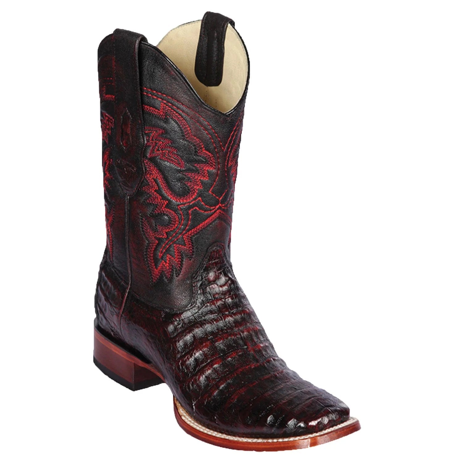 Los Altos 8228218 Men's Black Cherry Genuine Caiman Belly Wide Square Toe Cowboy Boots