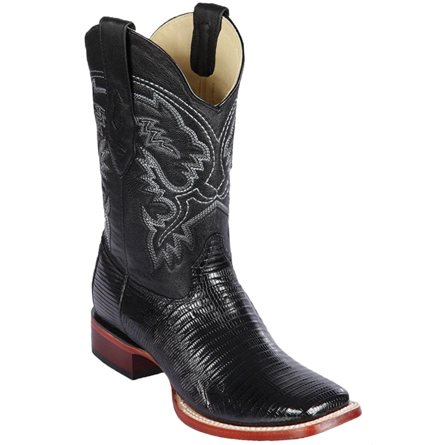 Los Altos 8220705 Men's Black Genuine Teju Wide Square Toe Cowboy Boots