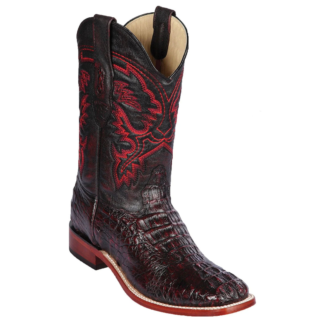 Los Altos 8220218 Men's Black Cherry Genuine Caiman Hornback Wide Square Toe Cowboy Boots