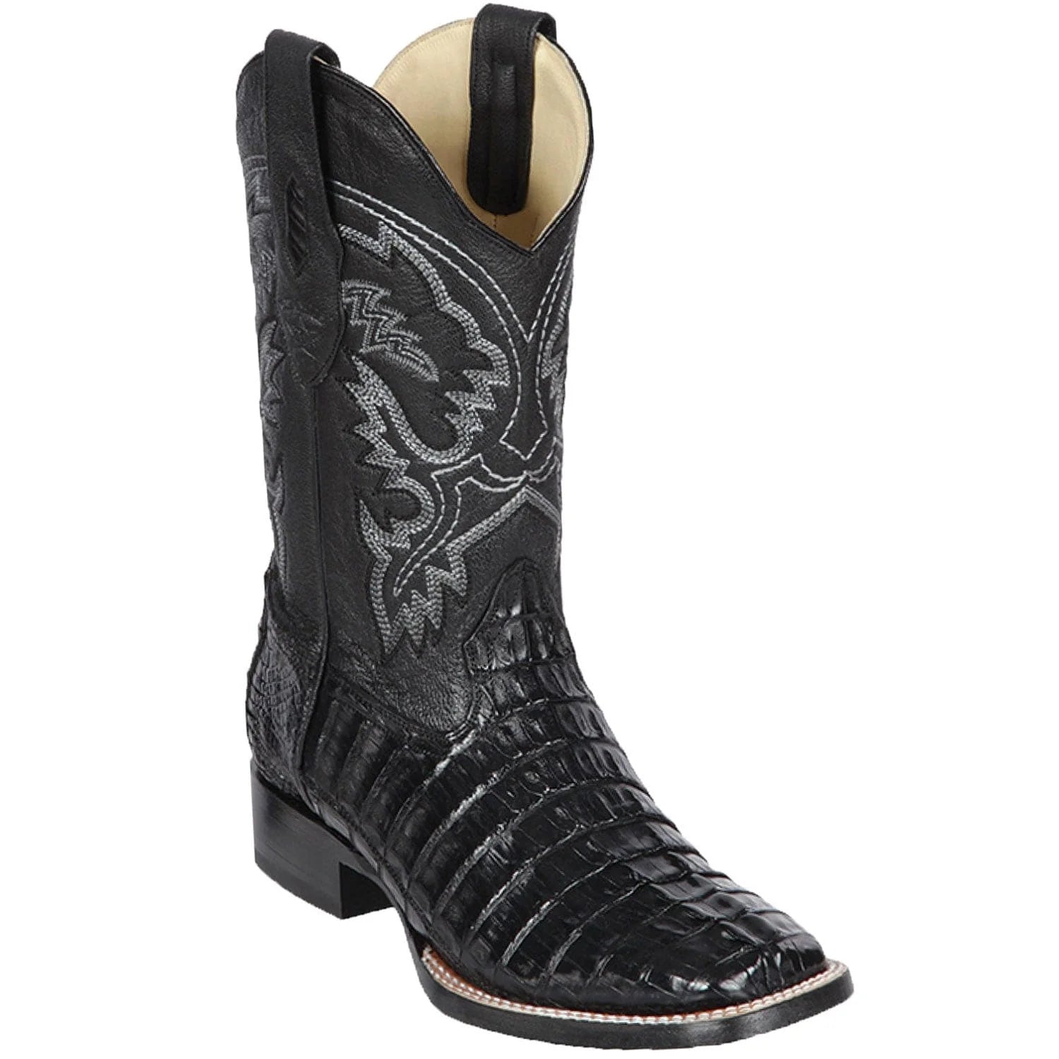 Los Altos 8220105 Men's Black Genuine Caiman Tail Wide Square Toe Cowboy Boots