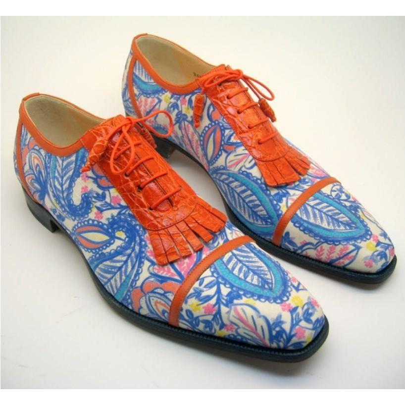 Mauri Orange/Blue/White Genuine Alligator/Silk Fabric/Calfskin Leather Hand Painted Paisley Design Shoes Suit Essence