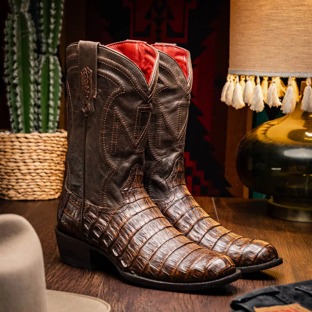 Marco Di Milano Phoenix Aged Brown Genuine Caiman Crocodile Cowboy Boots