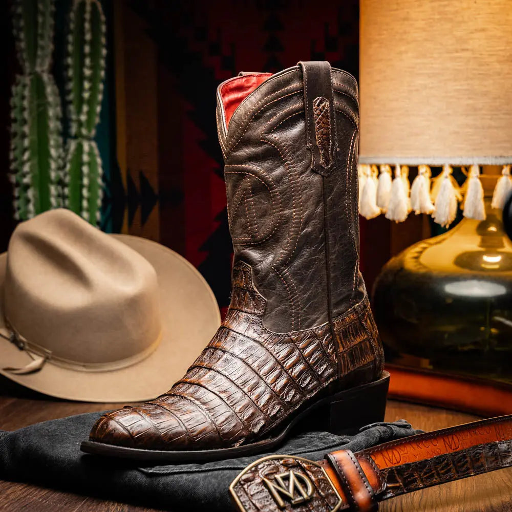 Marco Di Milano Phoenix Aged Brown Genuine Caiman Crocodile Cowboy Boots