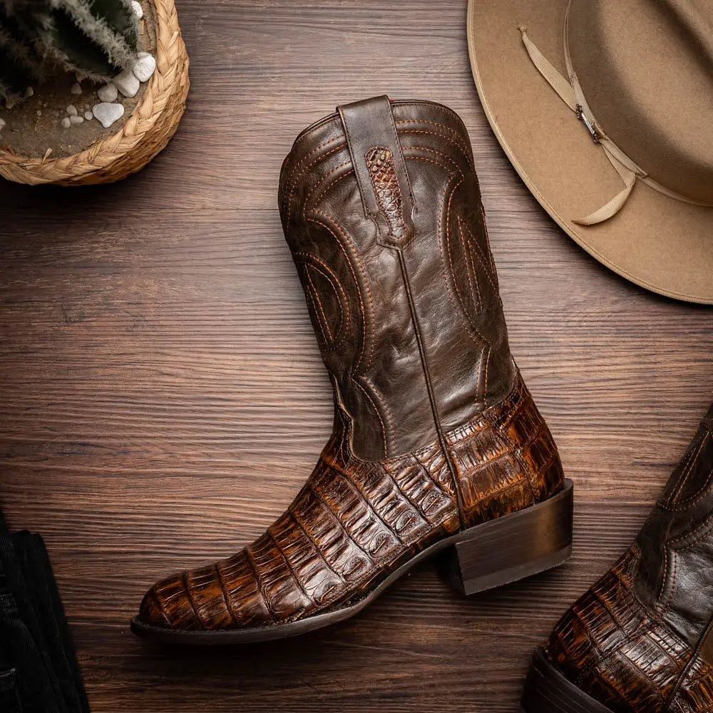 Marco Di Milano Phoenix Aged Brown Genuine Caiman Crocodile Cowboy Boots