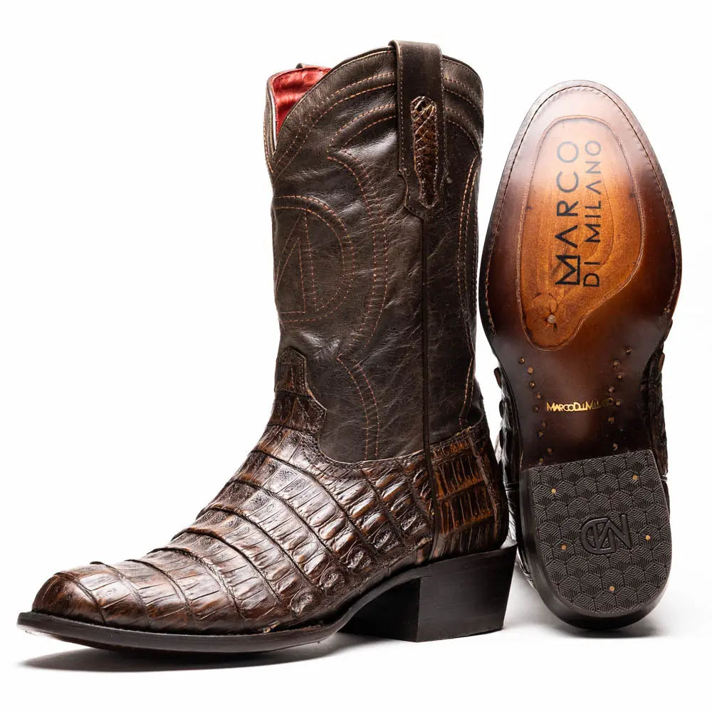 Marco Di Milano Phoenix Aged Brown Genuine Caiman Crocodile Cowboy Boots