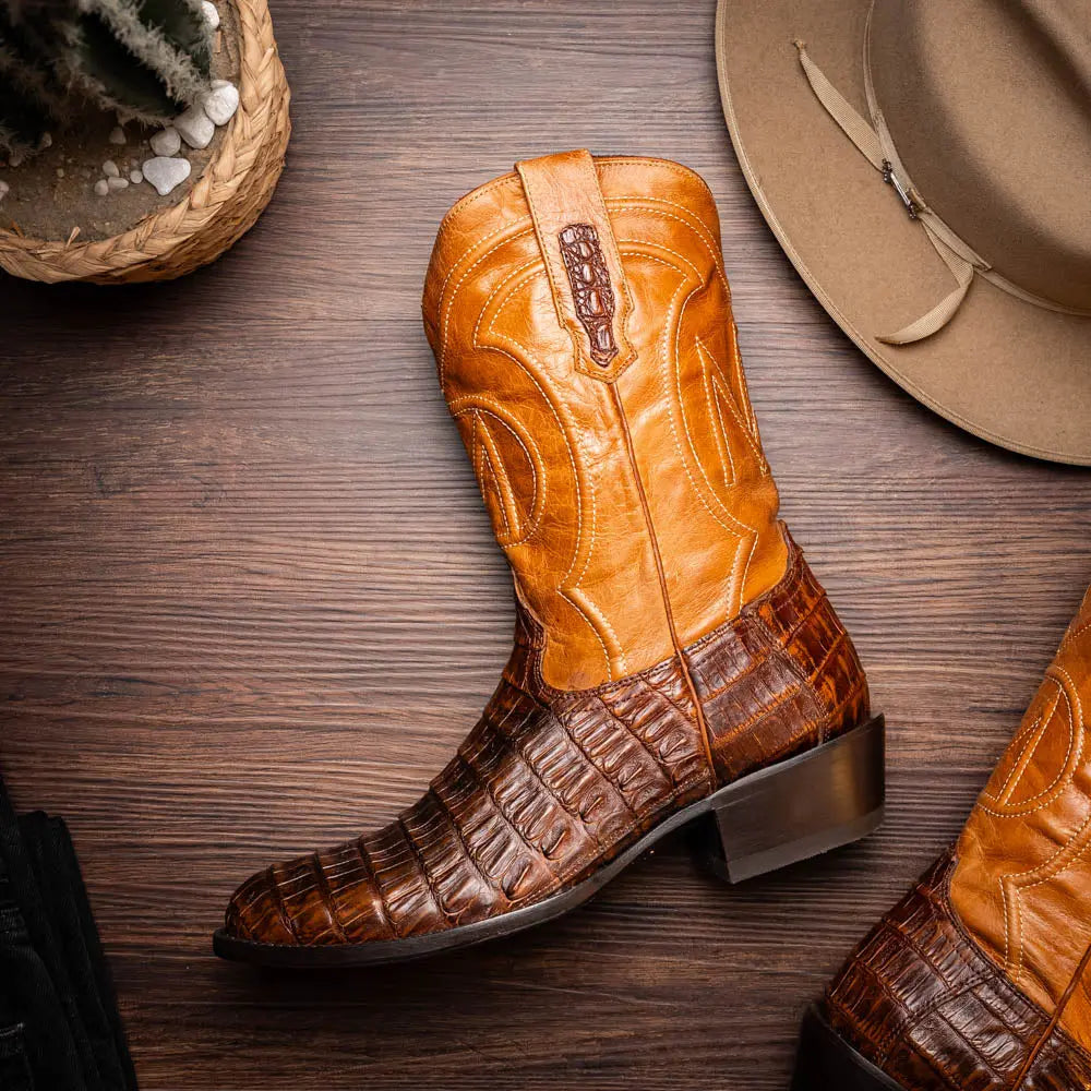 Marco Di Milano Phoenix Aged Maple Genuine Caiman Crocodile Cowboy Boots