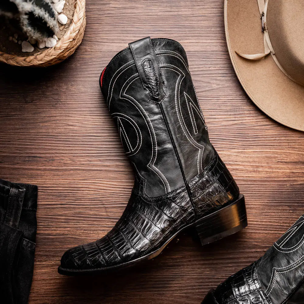Marco Di Milano Phoenix Black Genuine Caiman Crocodile Cowboy Boots