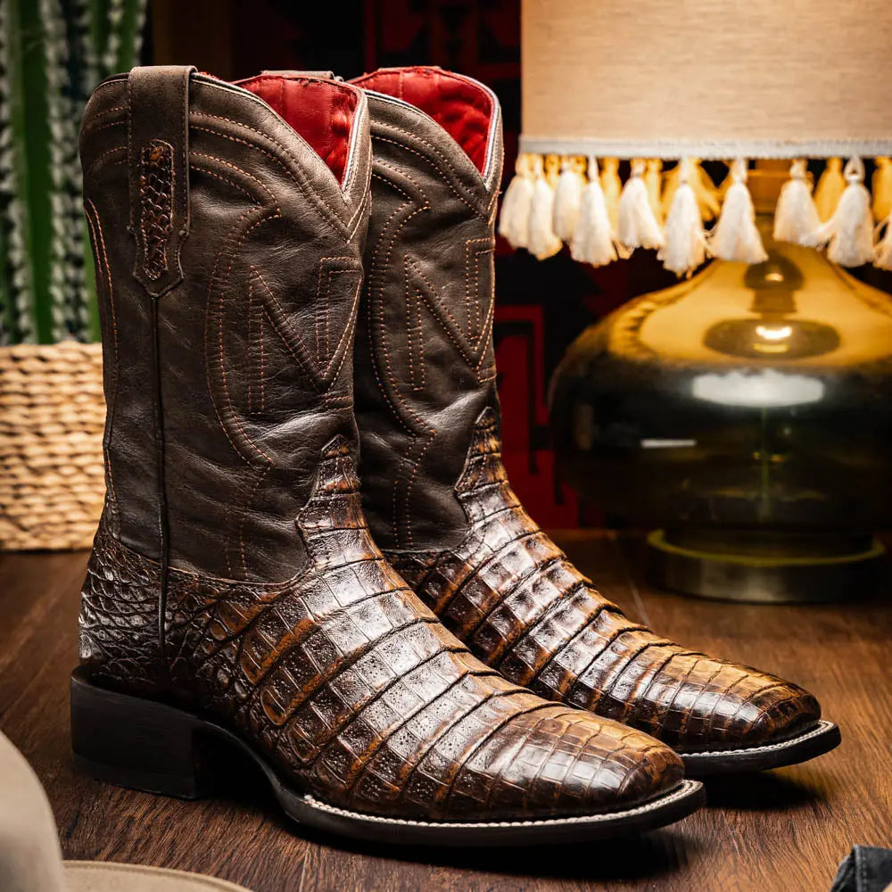Marco Di Milano Tucson Aged Brown Genuine Caiman Crocodile Cowboy Boots