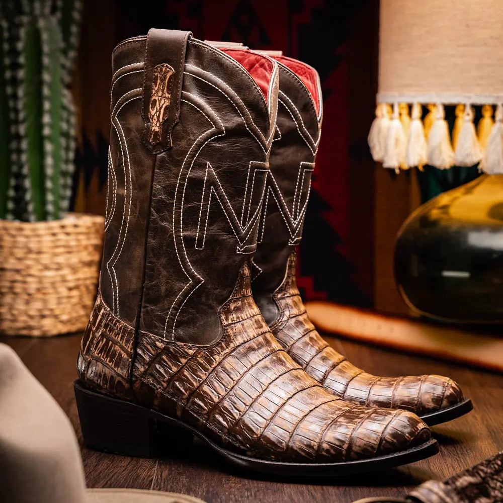 Marco Di Milano Phoenix Stone Brown Genuine Caiman Crocodile Cowboy Boots