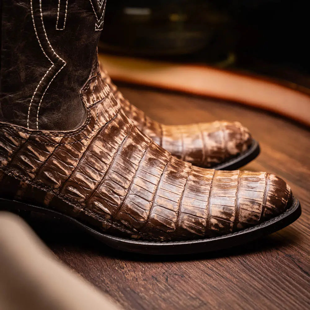 Marco Di Milano Phoenix Stone Brown Genuine Caiman Crocodile Cowboy Boots