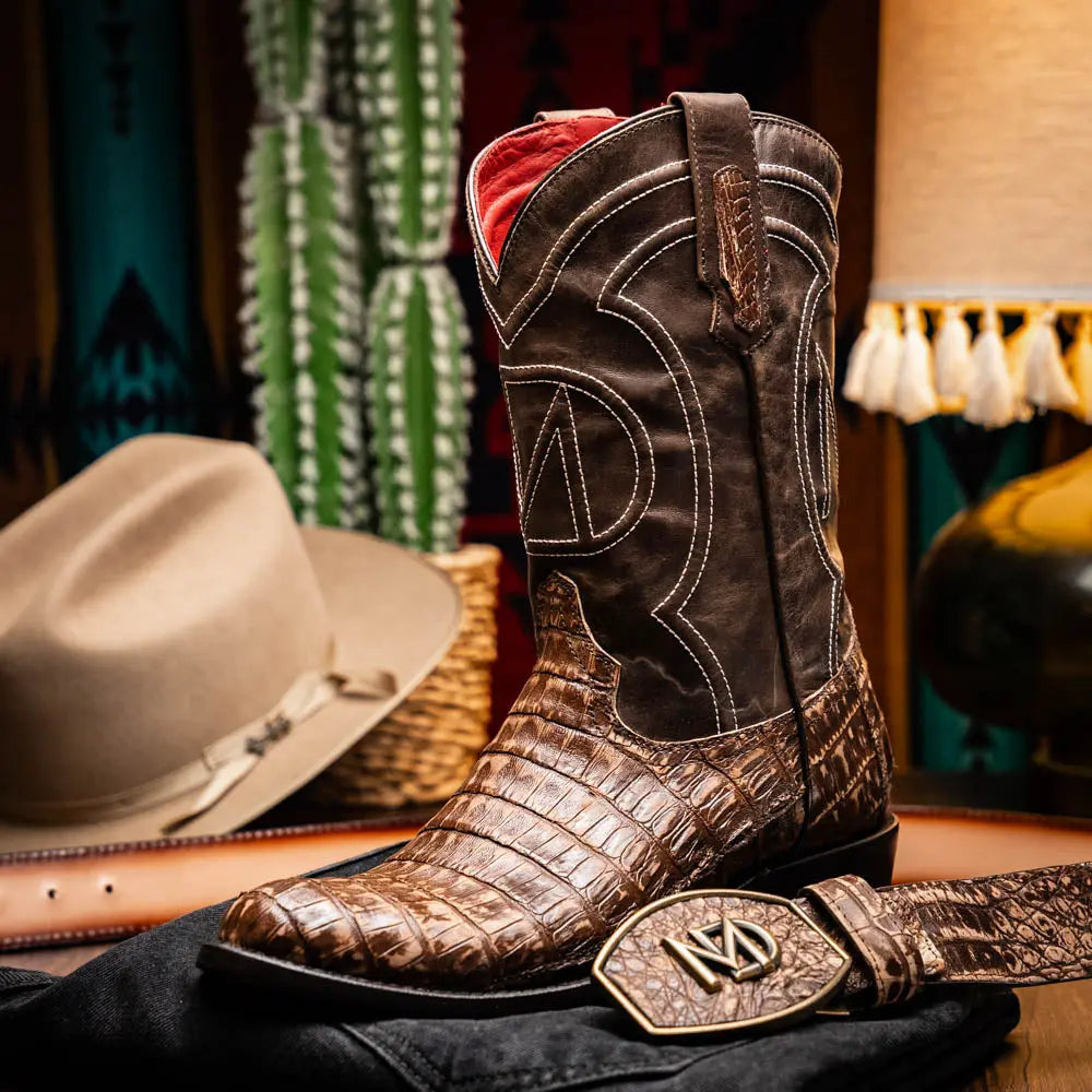 Marco Di Milano Phoenix Stone Brown Genuine Caiman Crocodile Cowboy Boots