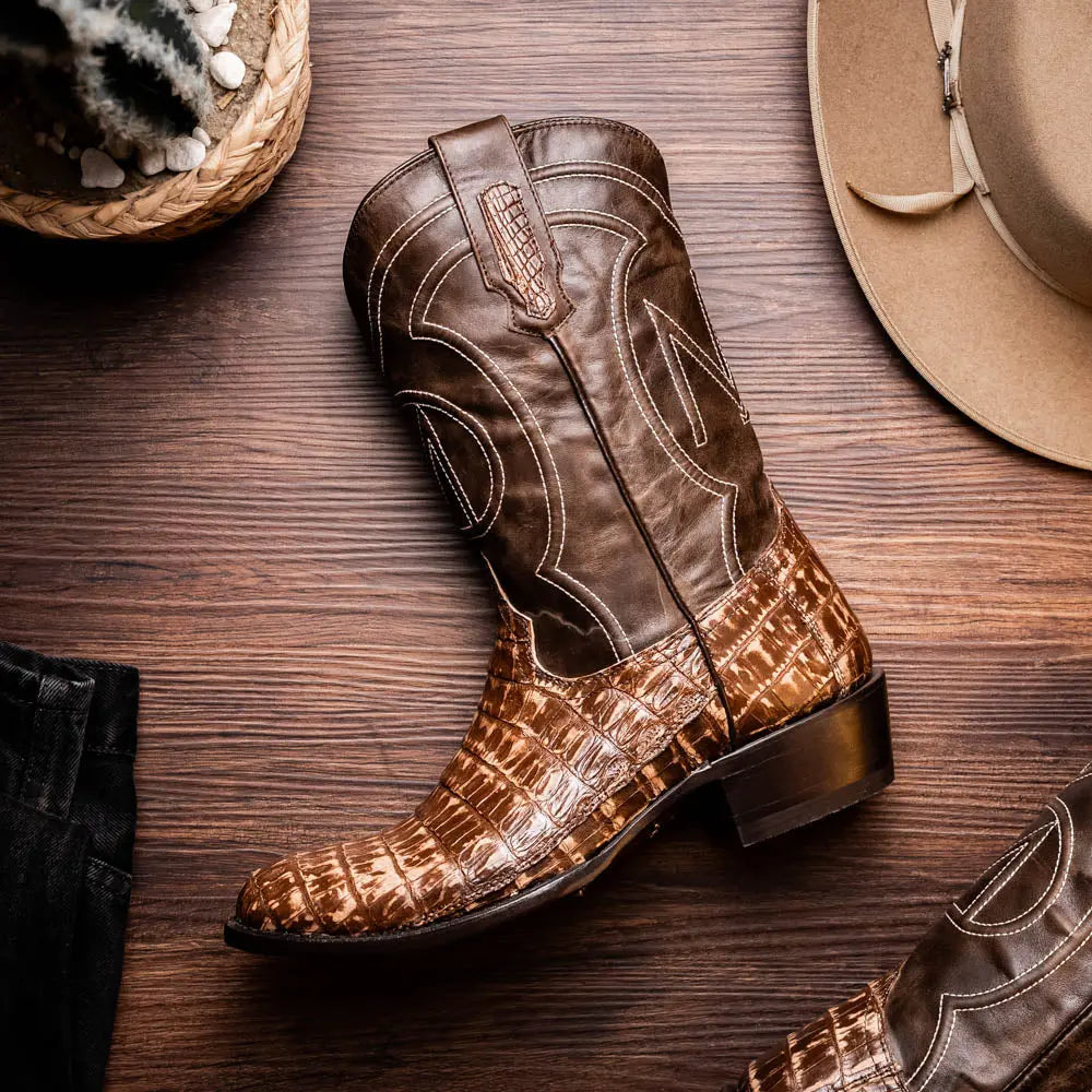 Marco Di Milano Phoenix Stone Brown Genuine Caiman Crocodile Cowboy Boots